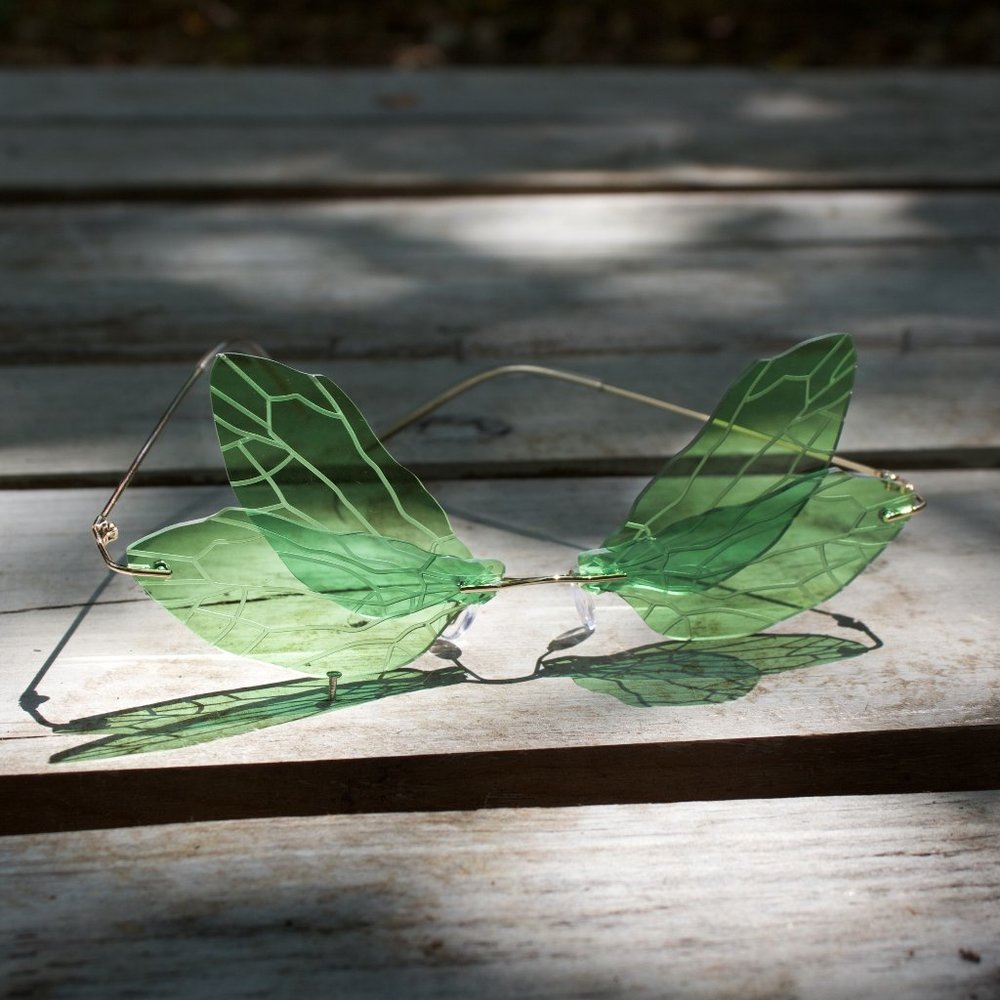 Y2K GREEN EYED DRAGONFLY WING RIMLESS GLASSES !! - Picture 3 of 8